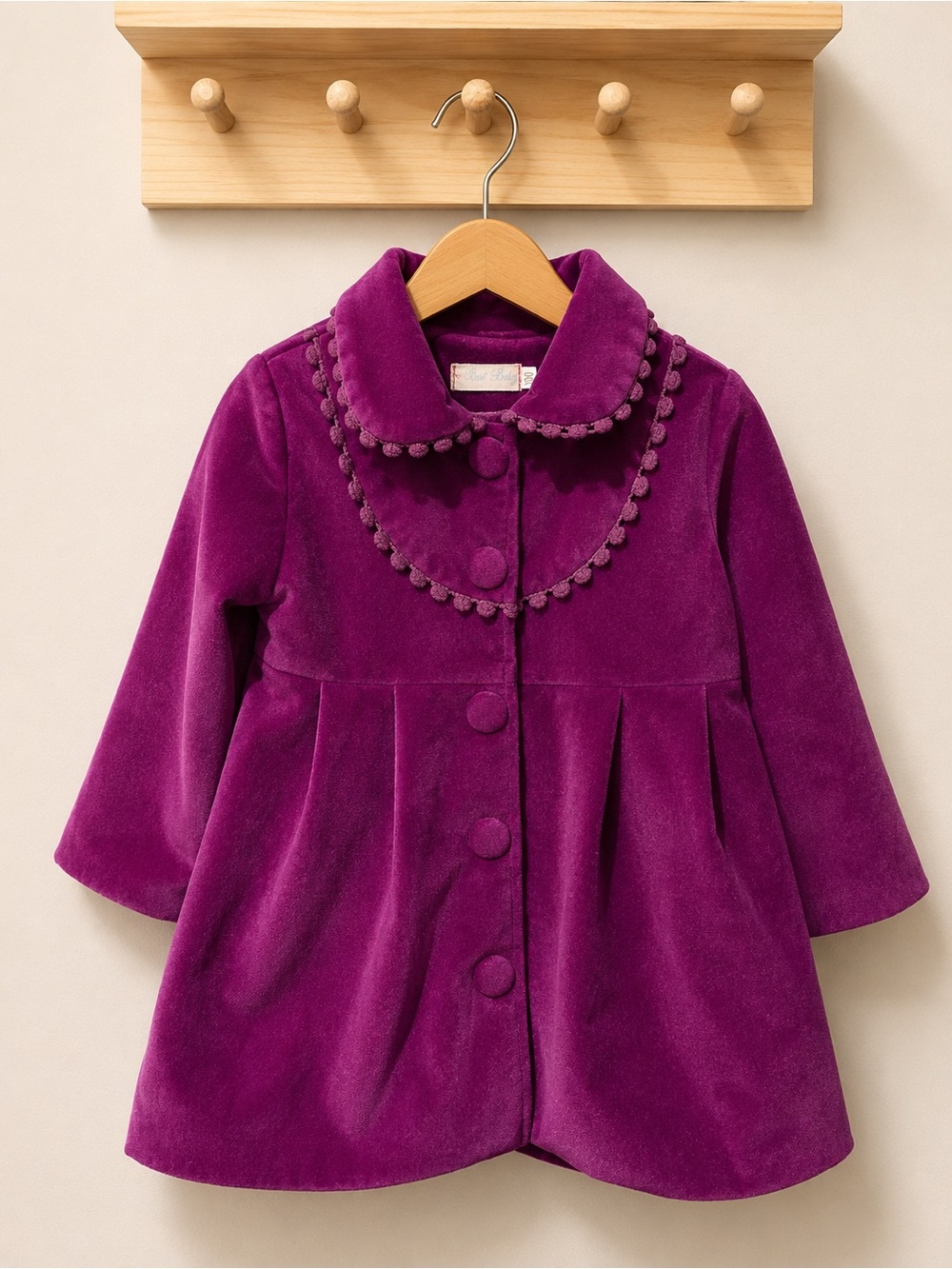 Girls' Velvet Pom-Trim Peacoat in Plum